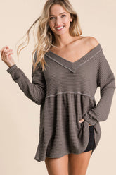 BiBi Women's Waffle Knit V-Neck Babydoll Blouse - Stylish & Cozy Fashion